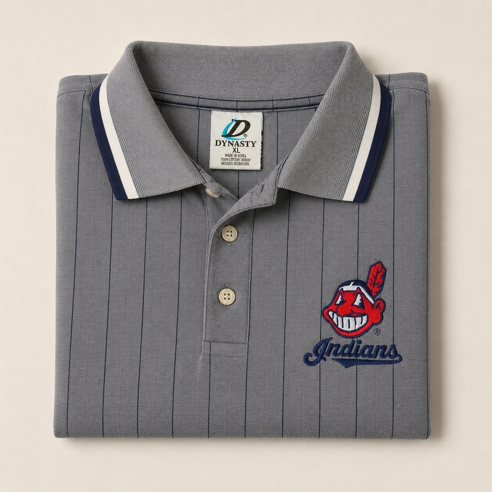 Cleveland Indians Polo Shirt Men XL Gray Chief Wahoo Pinstripe Vintage dynasty
